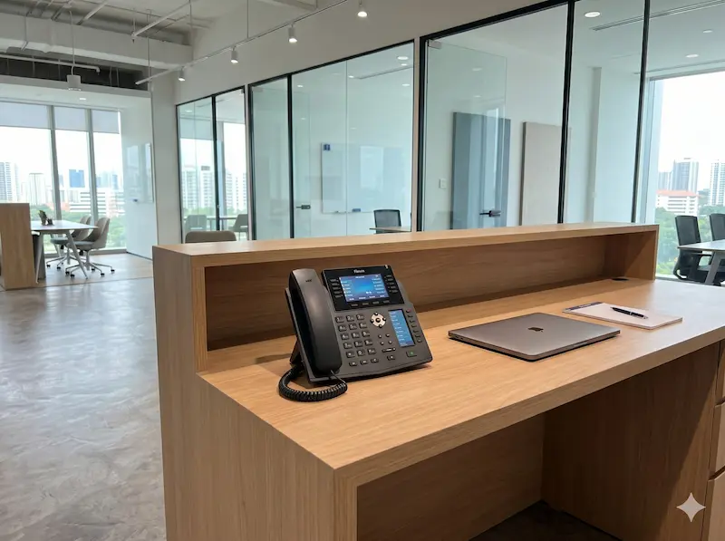 Fanvil IP desk phone on an office desk: the standard handset for reception and call-heavy roles