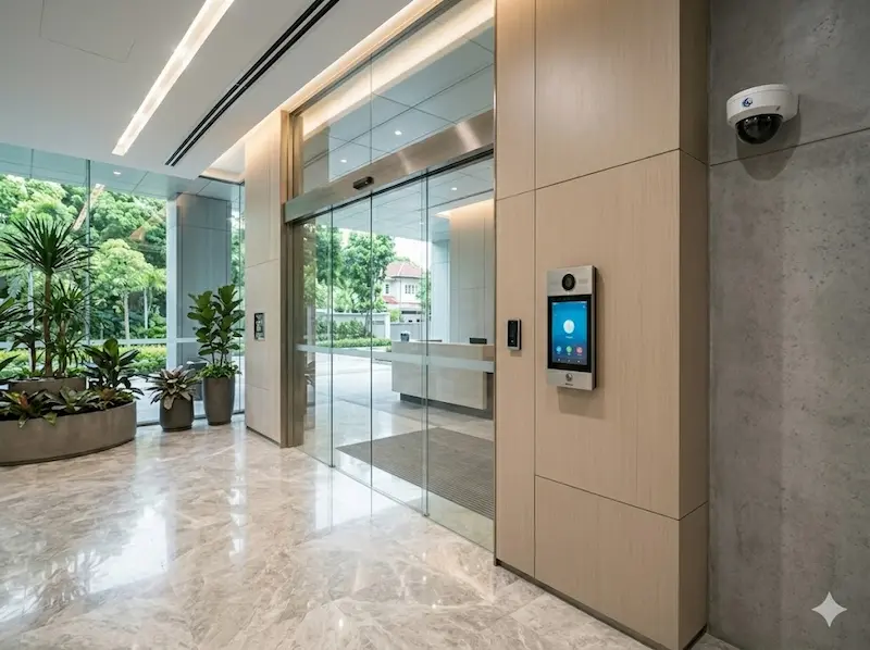 Wide-angle CCTV covering condominium car park and corridor