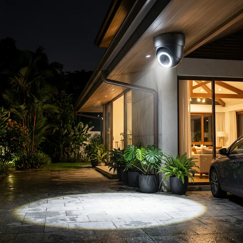 Hikvision spotlight camera activating at Singapore home porch