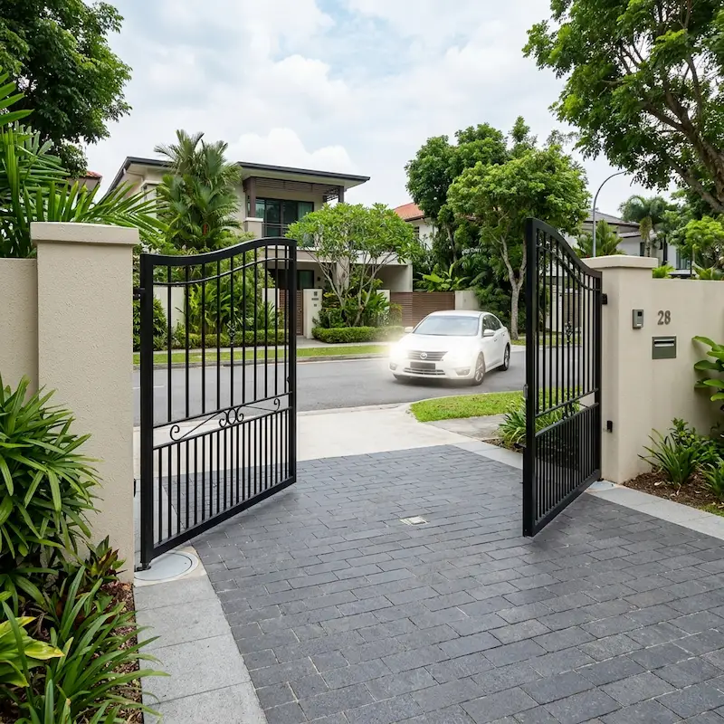 Automated swing gate opening at Singapore bungalow