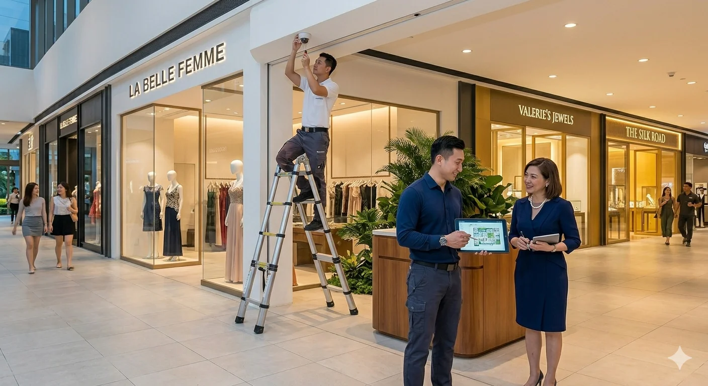 Securevision technicians installing commercial security system Singapore