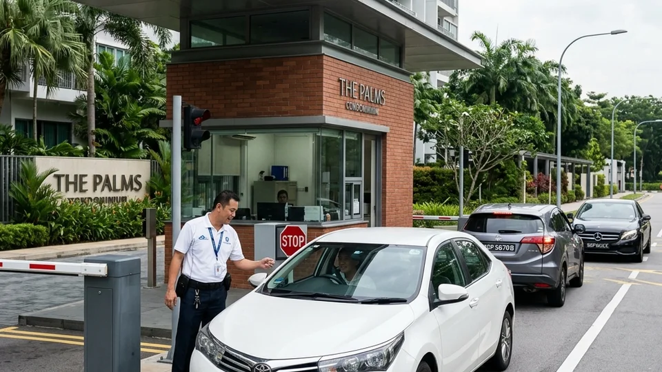 Security guard at Singapore condominium gantry manually verifying vehicle