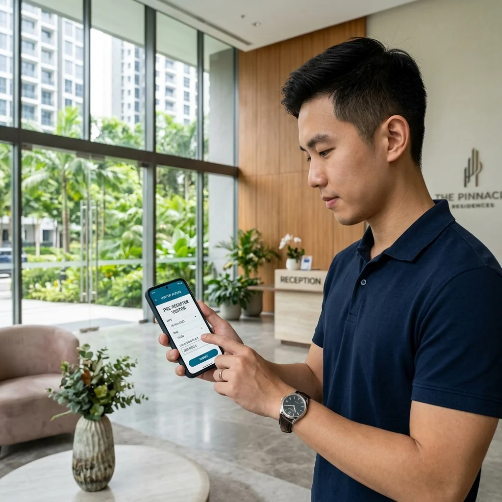 Resident pre-registering visitor with date time and car plate on mobile app Singapore